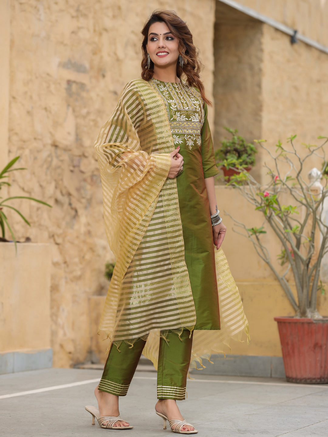 Women Olive Dupion Silk Embroired Kurta With Pants And Dupatta