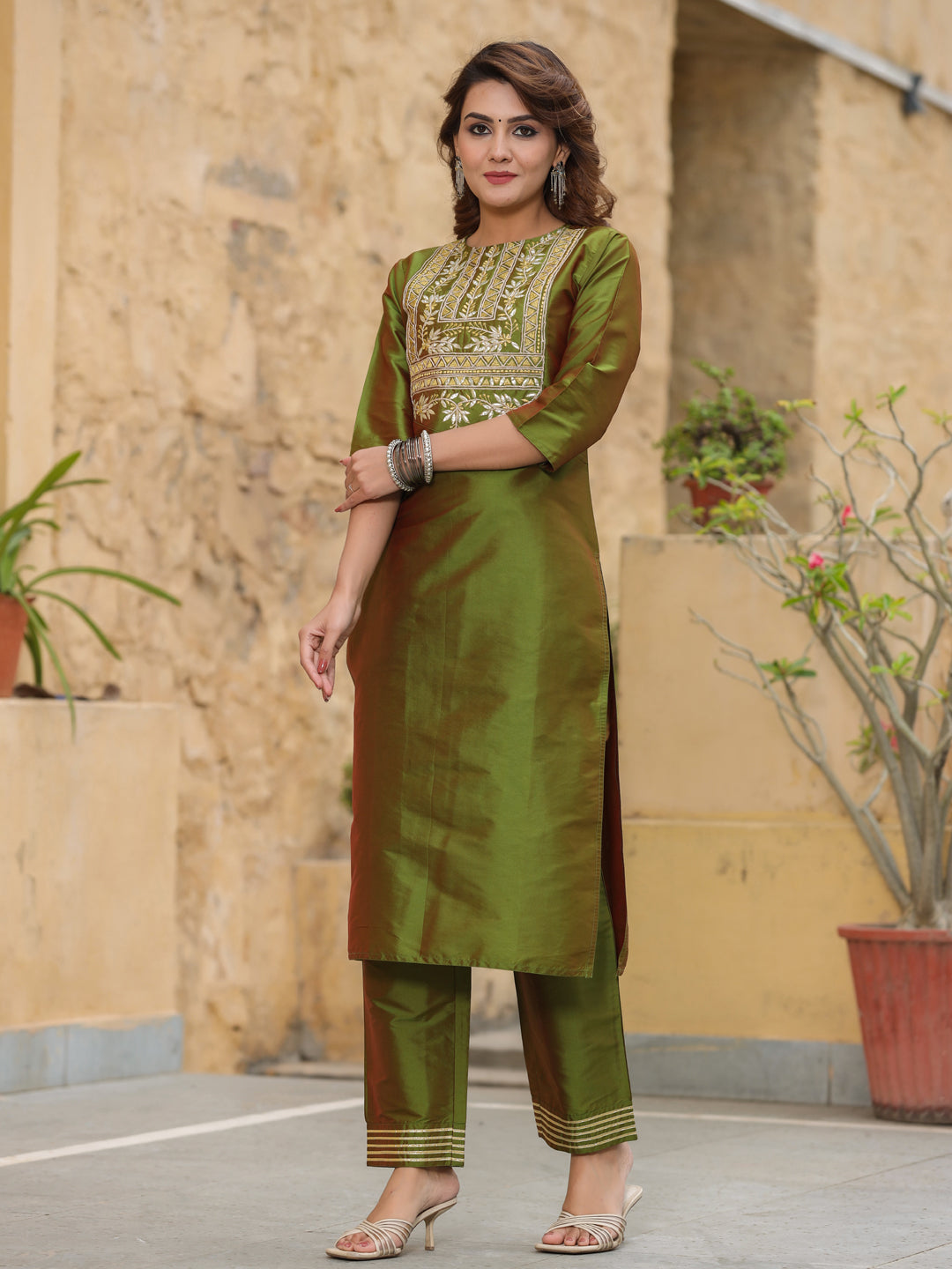 Women Olive Dupion Silk Embroired Kurta With Pants And Dupatta