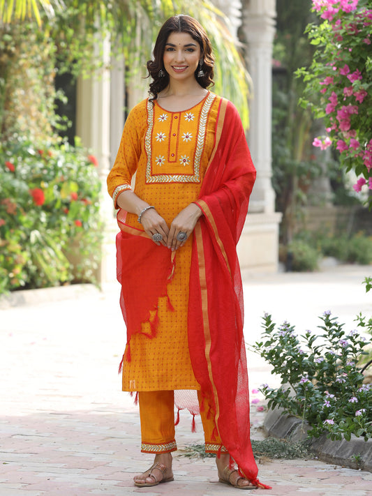 Mustard Self Weave Silk Blend Kurta Wuth Pants And Dupatta