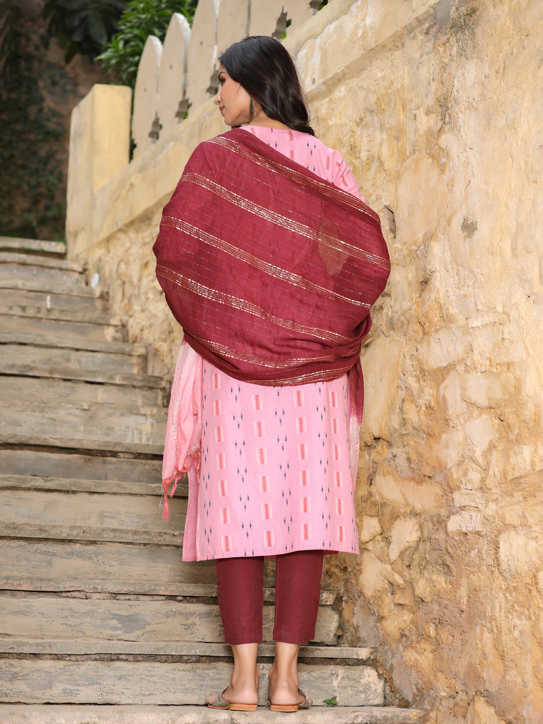 Pink And Burgandy Mirror Work Self Weave Kurta With Pants And Chanderi Dupatta