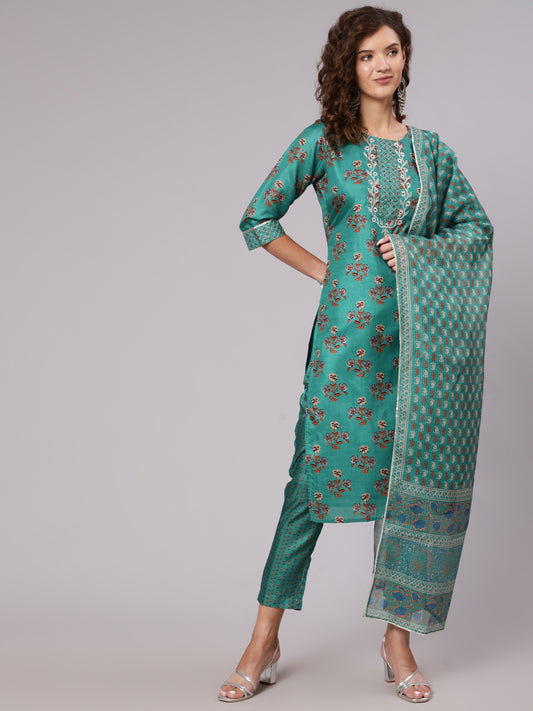 Tussar Silk Digital Printed Zari Embriodered Kurta With Palazzo And Dupatta