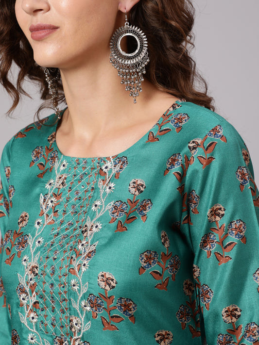 Tussar Silk Digital Printed Zari Embriodered Kurta With Palazzo And Dupatta