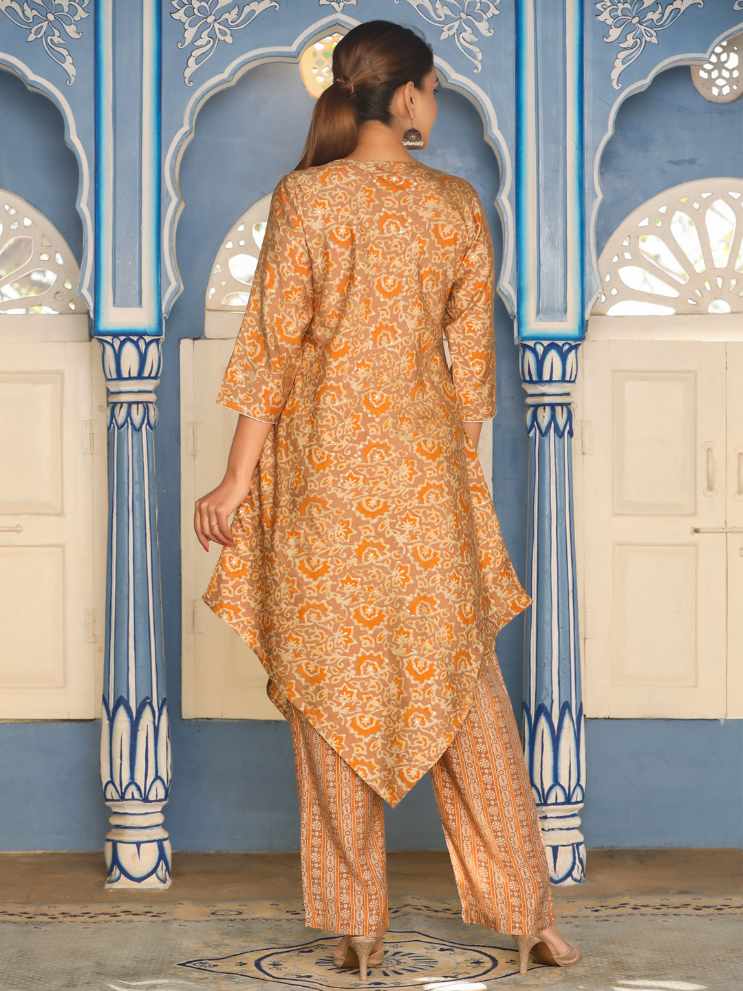 Printed Chanderi A-Line Kurta with Pants