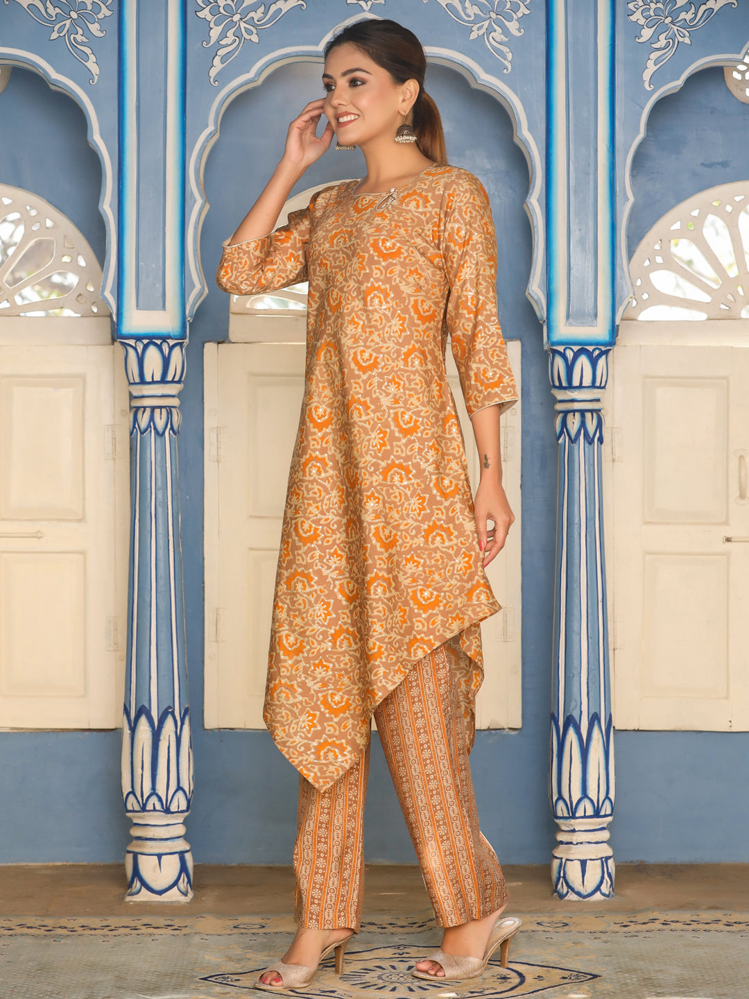 Printed Chanderi A-Line Kurta with Pants