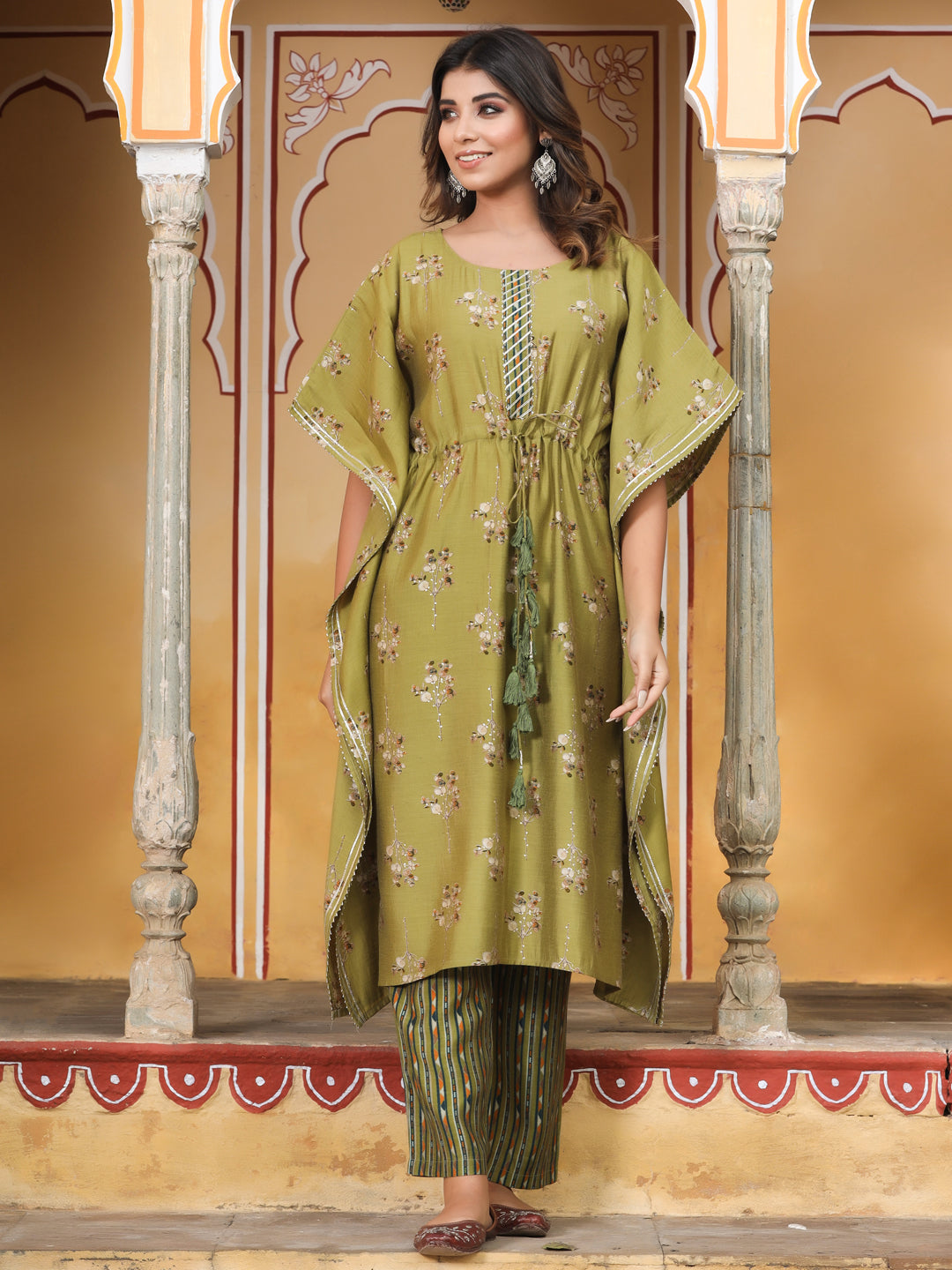 women green chanderi printed kaftan with pants