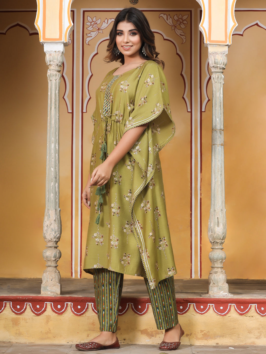 women green chanderi printed kaftan with pants