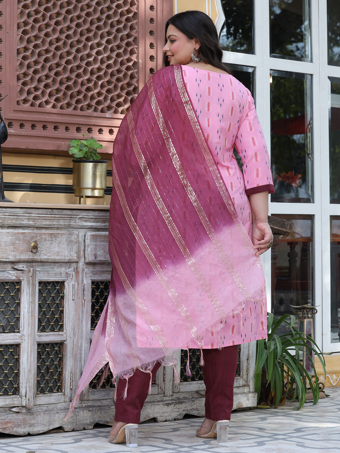 Pink And Burgandy Mirror Work Self Weave Kurta With Pants And Chanderi Dupatta