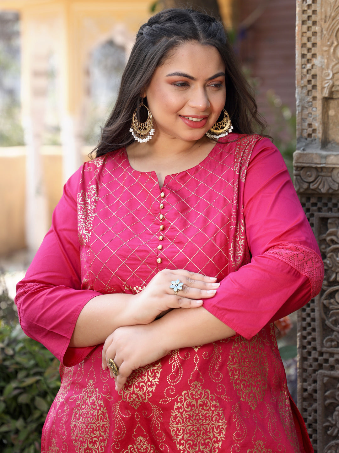 Pink Printed Straight Thread And Lace Work Kurta With Pant