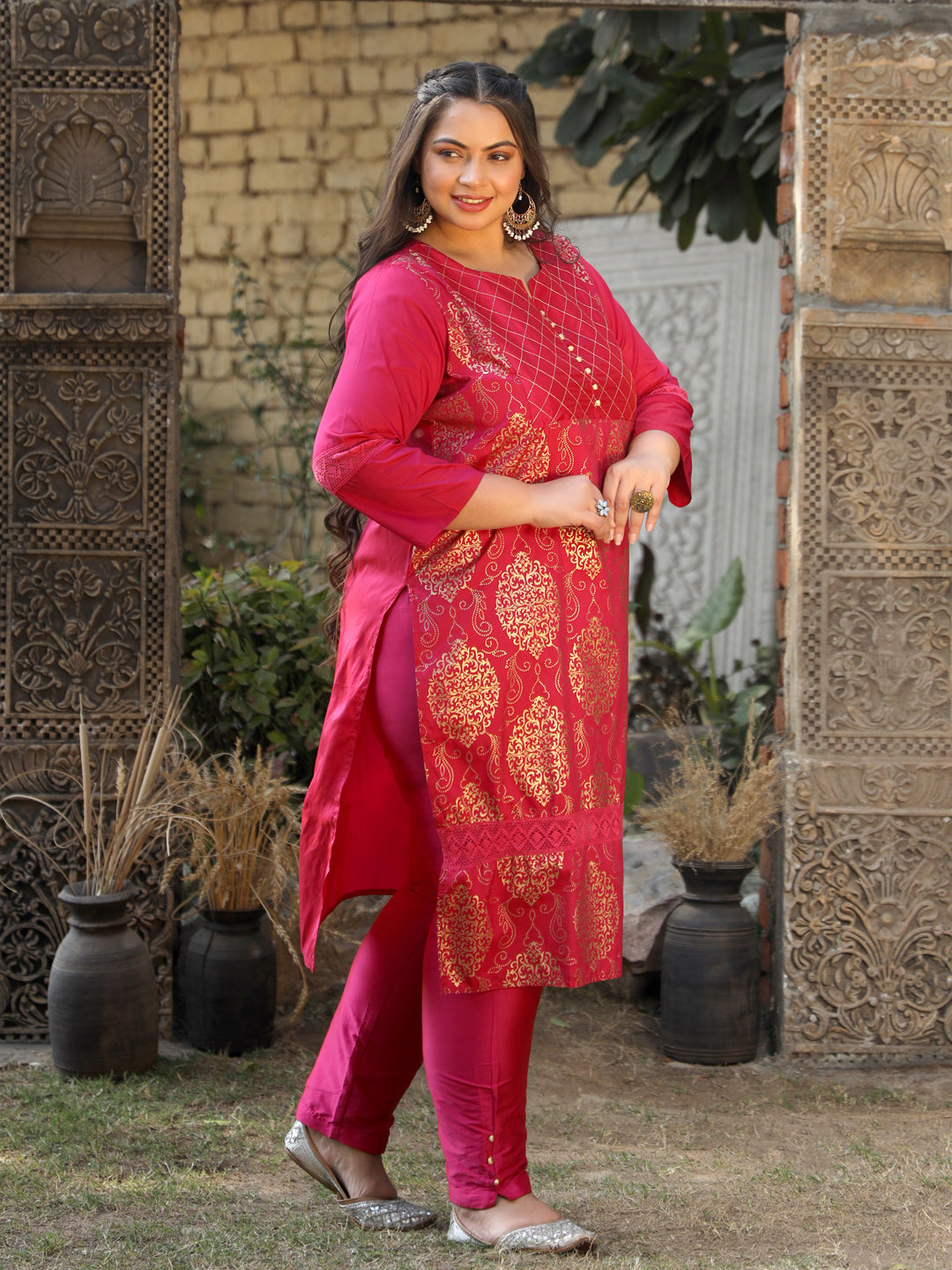 Pink Printed Straight Thread And Lace Work Kurta With Pant