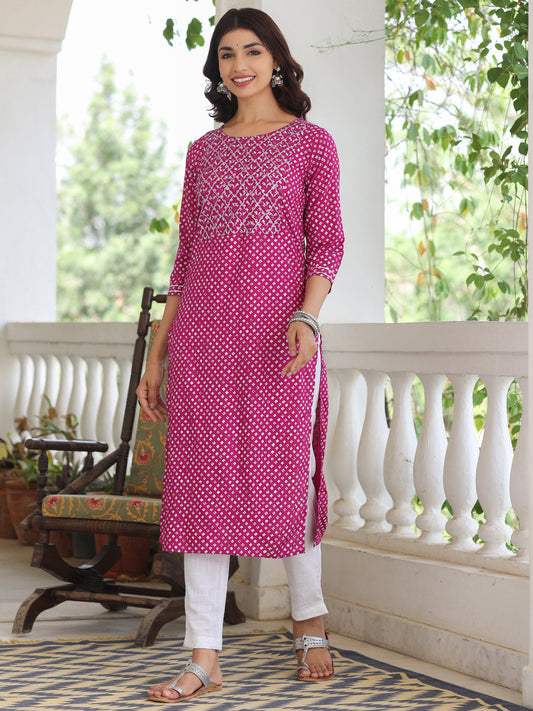 Magenta Ethnic Printed Straight Rayon Kurta With Embroidered Yoke And Cotton Pants