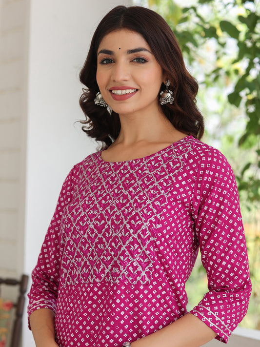 Magenta Ethnic Printed Straight Rayon Kurta With Embroidered Yoke And Cotton Pants