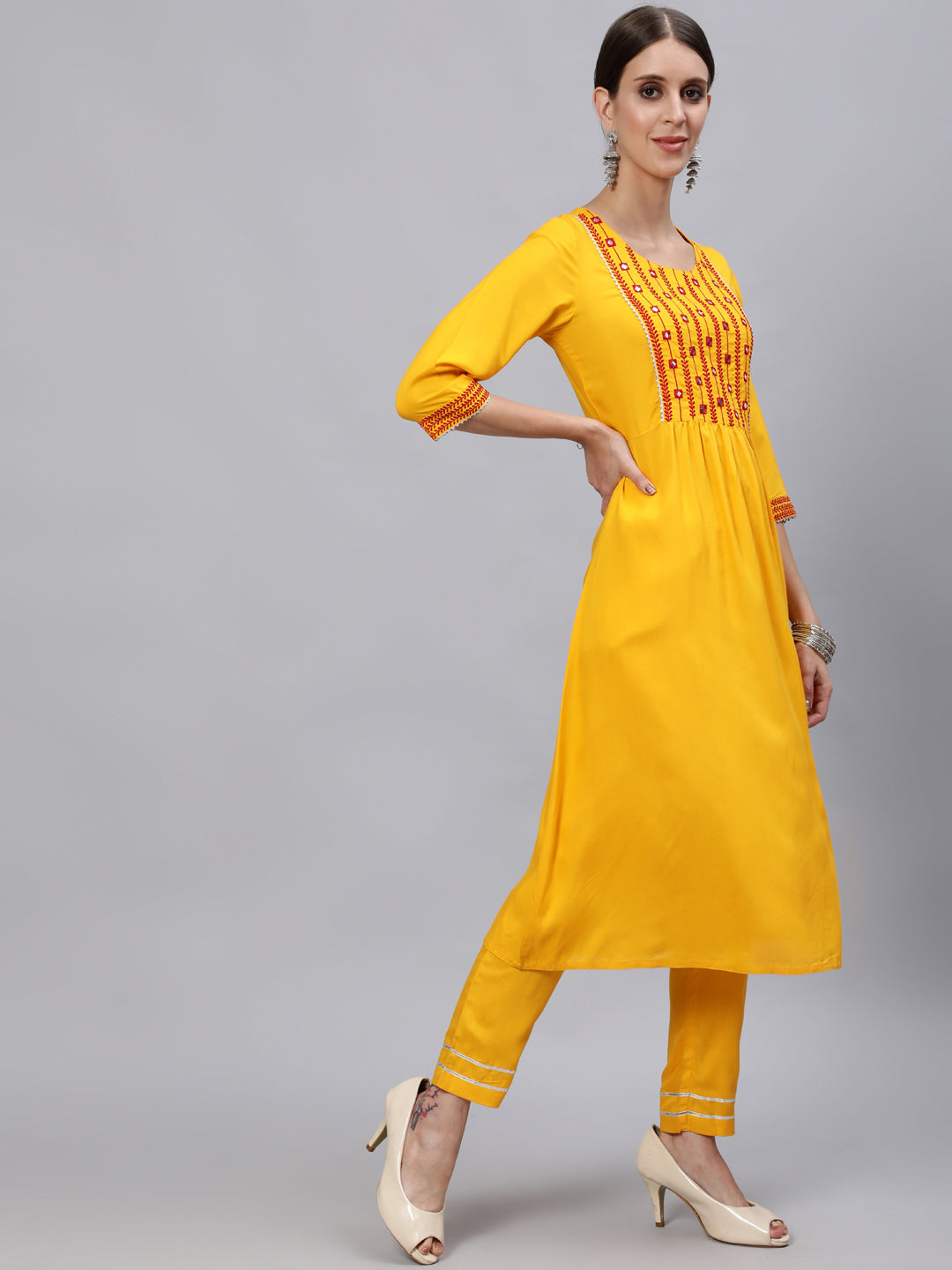 A Straight Solid Yellow Embroidered Rayon Kurta With Pants And Kota Doria Dupatta