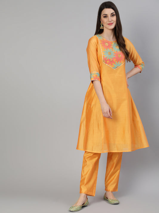 Yellow Chanderi Embroidered A-Line Princess-Cut Kurta With Pants