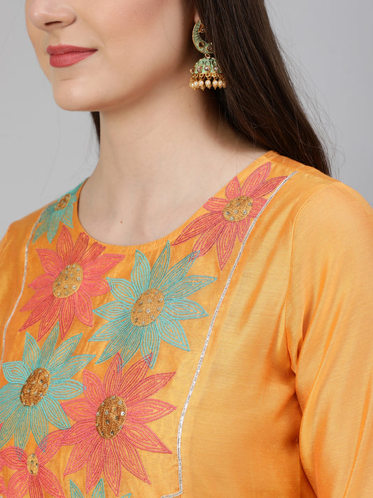 Yellow Chanderi Embroidered A-Line Princess-Cut Kurta With Pants