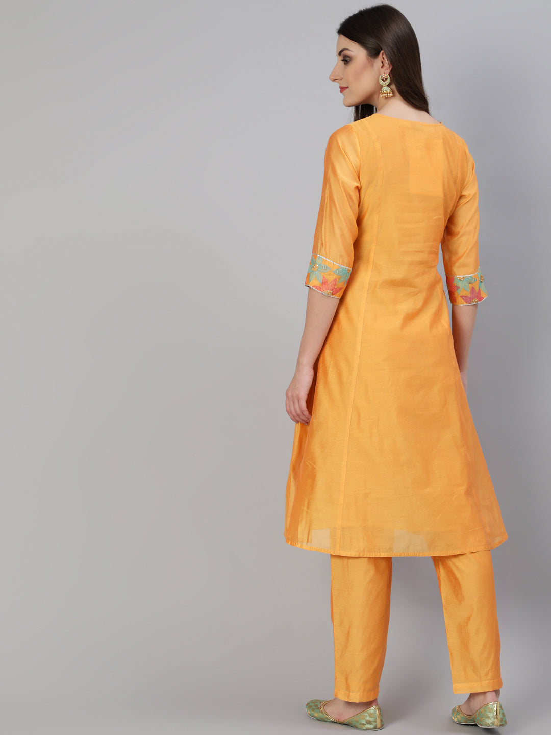 Yellow Chanderi Embroidered A-Line Princess-Cut Kurta With Pants