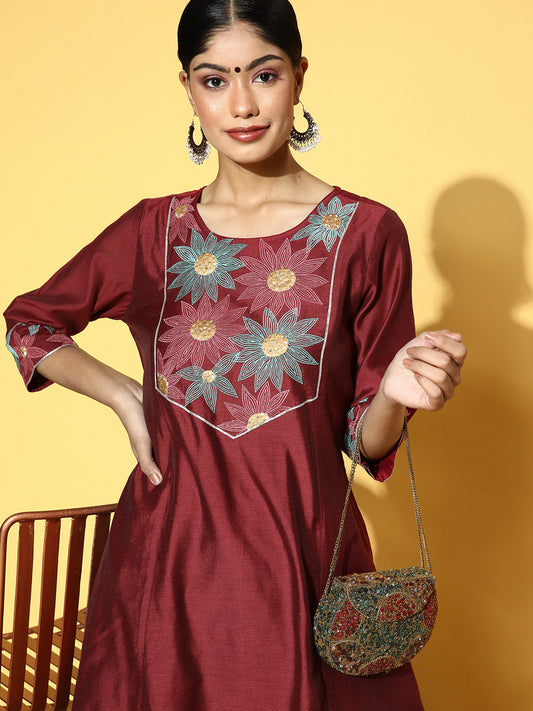 Maroon Chanderi Embroidered A-Line Princess-Cut Kurta With Pants