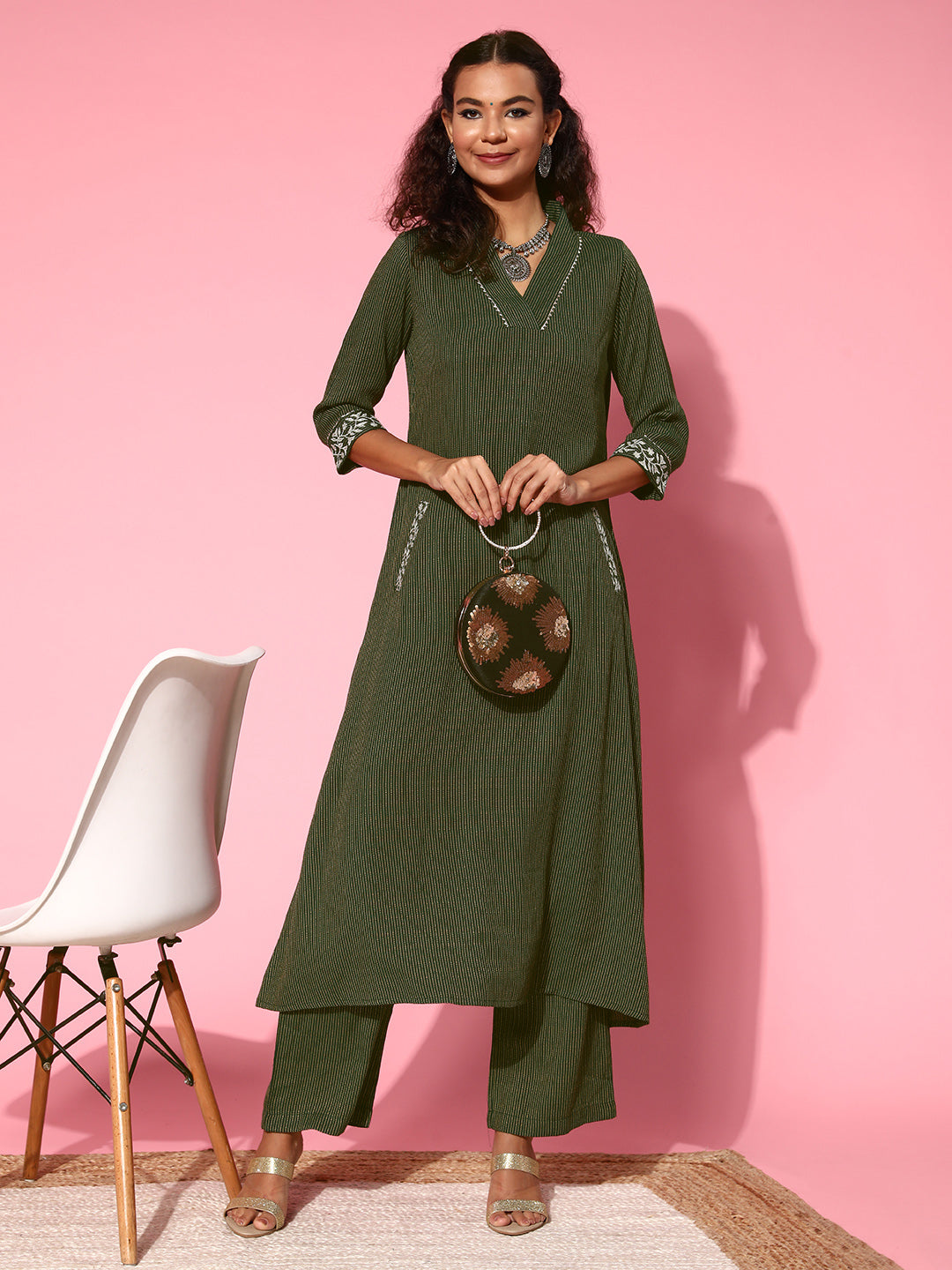 Bottle Green A-Line Embroidered Rayon Kurta With Pants