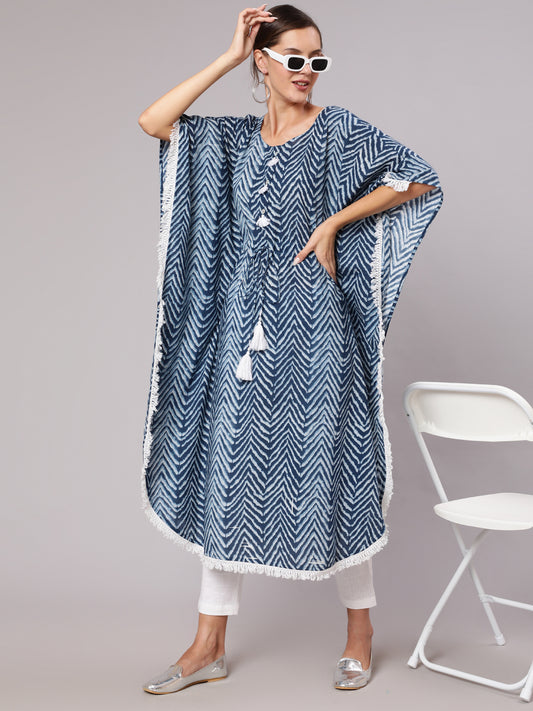 A Blue Color Cotton Pigment Zig-Zag Printed Kaftan With With Laced Embellishments Paired With Solid White Pants