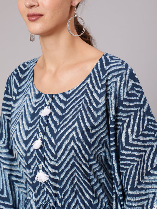 A Blue Color Cotton Pigment Zig-Zag Printed Kaftan With With Laced Embellishments Paired With Solid White Pants