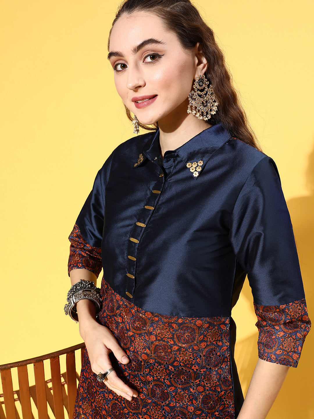 A Blue Color Silk And Shifili Embellished Shirt Paired With Solid Silk Trousers