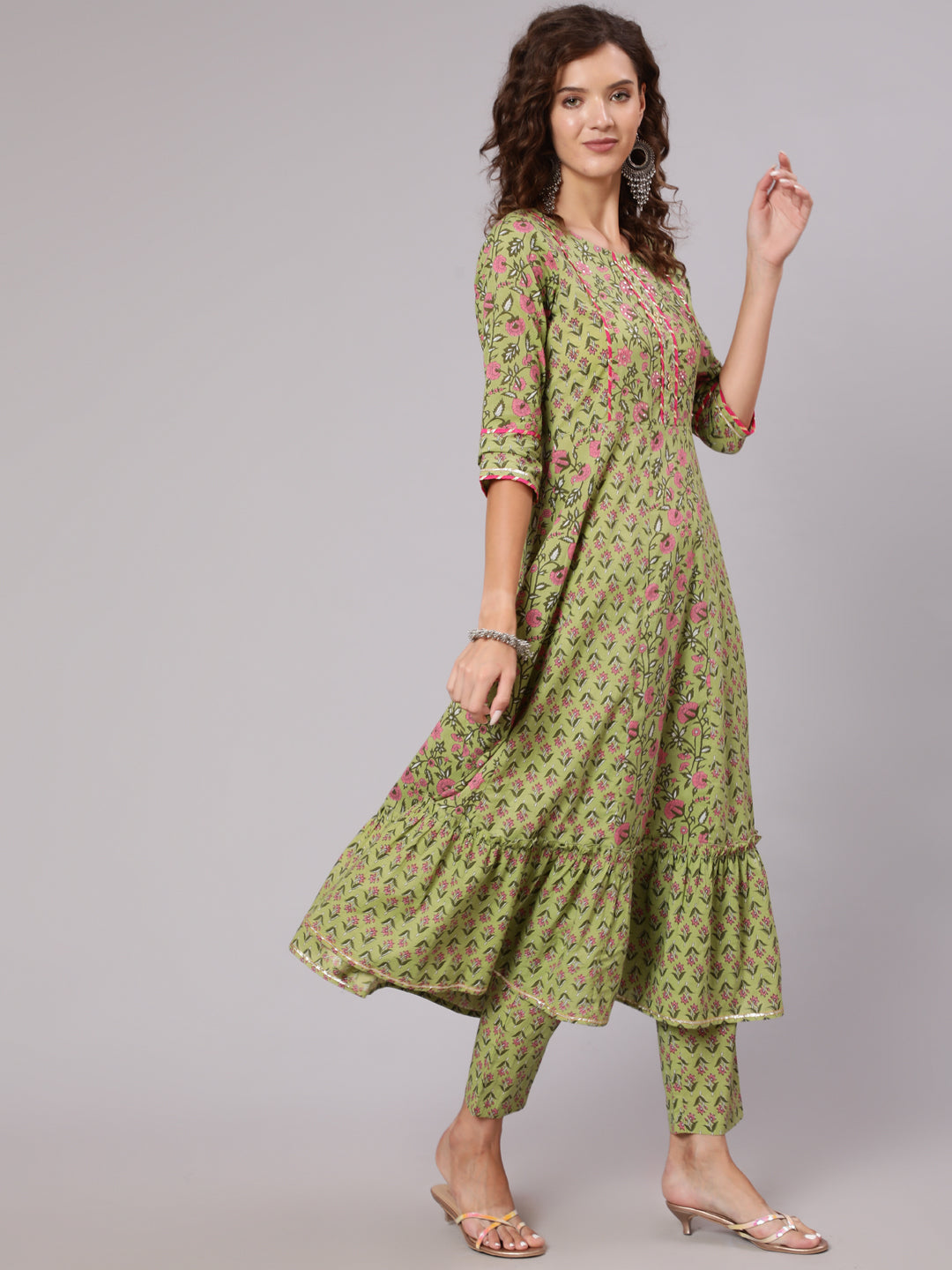 Green Ethnic Printed Gota Embellished Anarkali Suit With Pants And Tie And Dye Dupatta