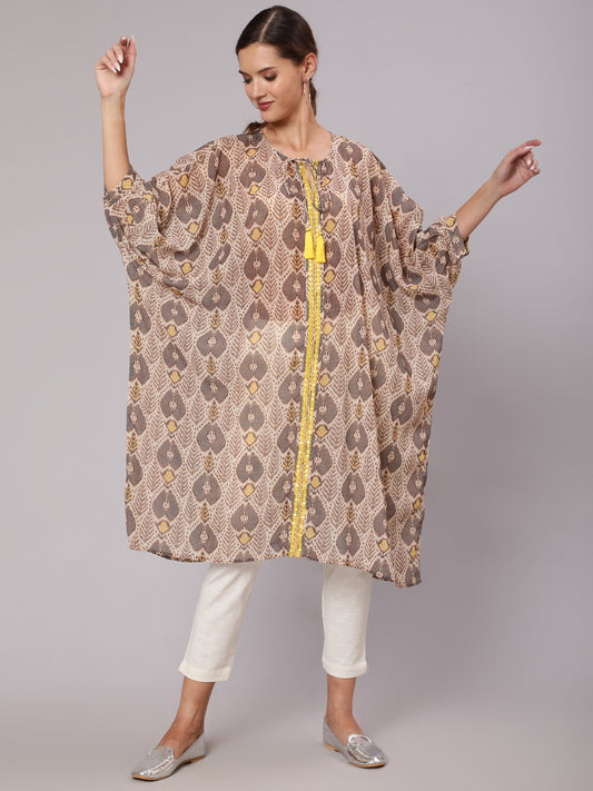 Multi Color Mirror Work Embroidered Georgette Kaftan With Tassels And Slip, Cotton White Regular Fit Trousers