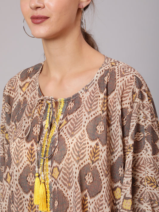 Multi Color Mirror Work Embroidered Georgette Kaftan With Tassels And Slip, Cotton White Regular Fit Trousers