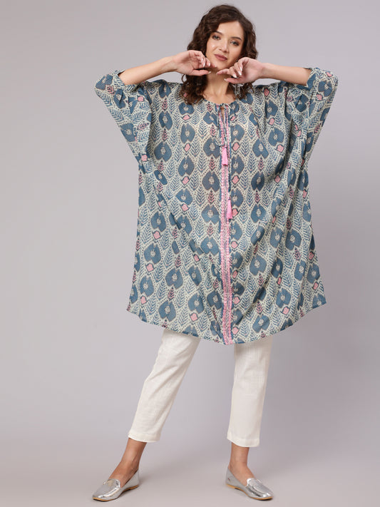 Multi Color Mirror Work Embroidered Georgette Kaftan With Tassels And Slip, Cotton White Regular Fit Trousers