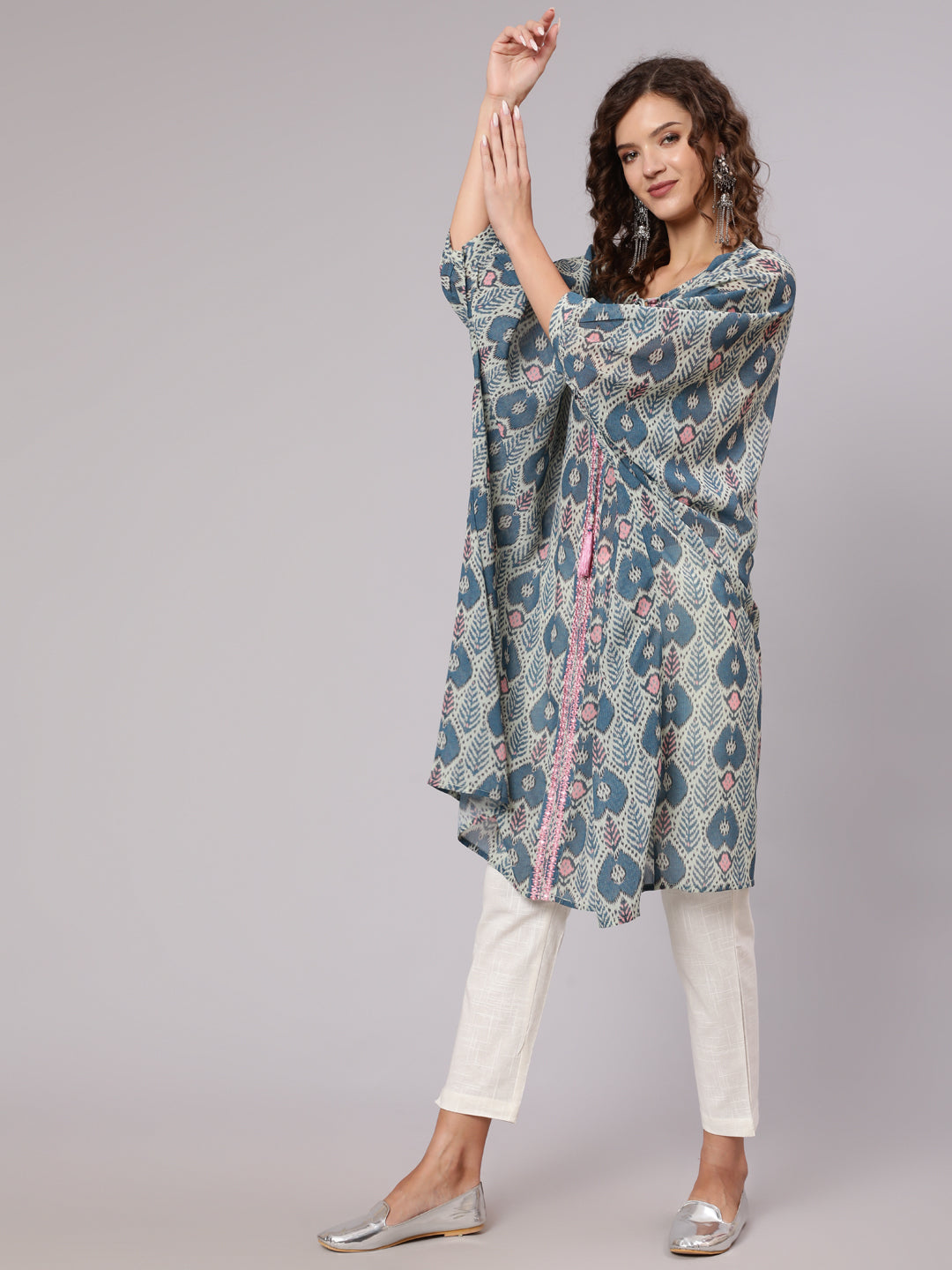 Multi Color Mirror Work Embroidered Georgette Kaftan With Tassels And Slip, Cotton White Regular Fit Trousers