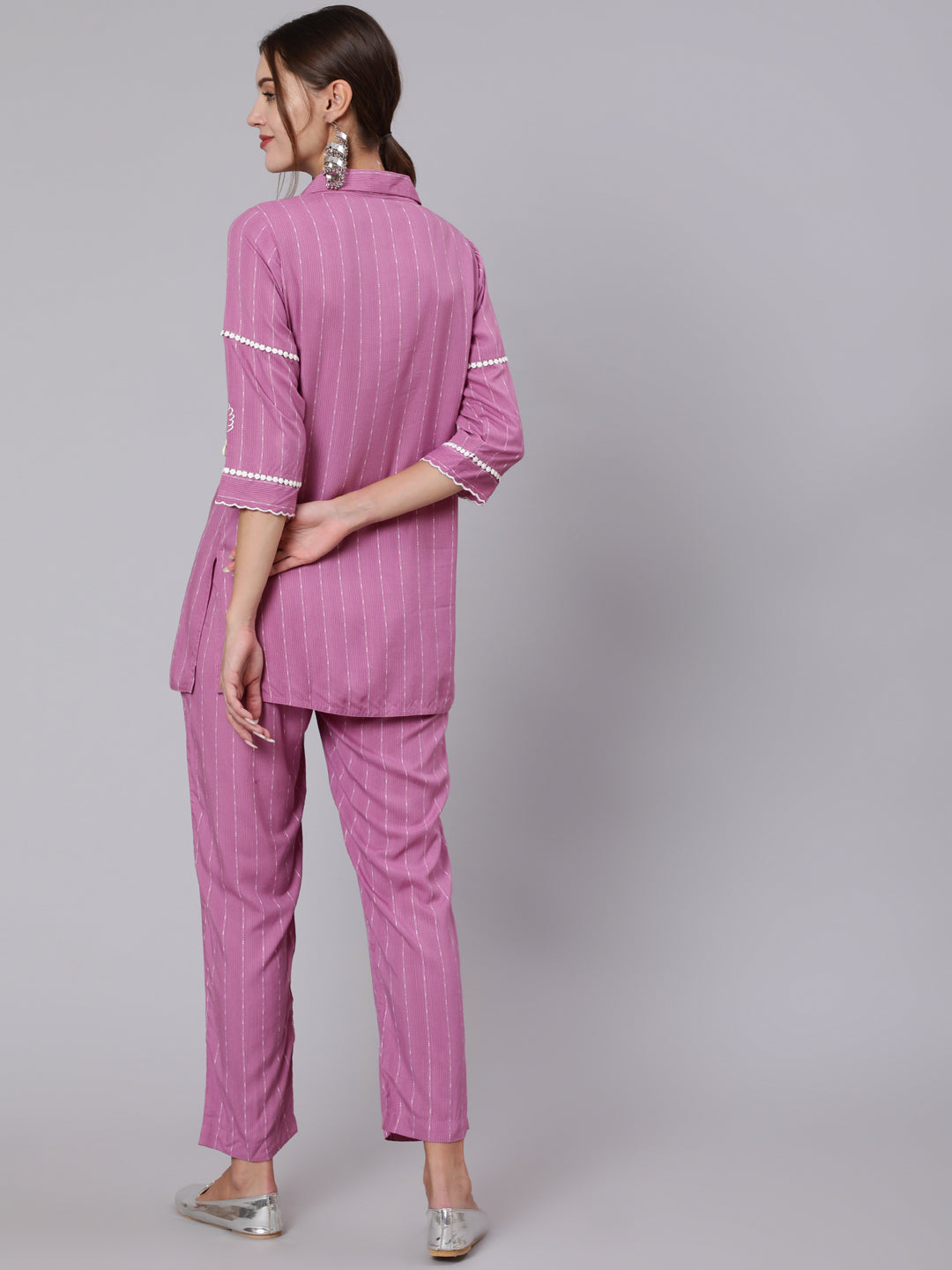 Magenta Self Weave Rayon Co-Ord Set Has Embroidred Top And Trouser