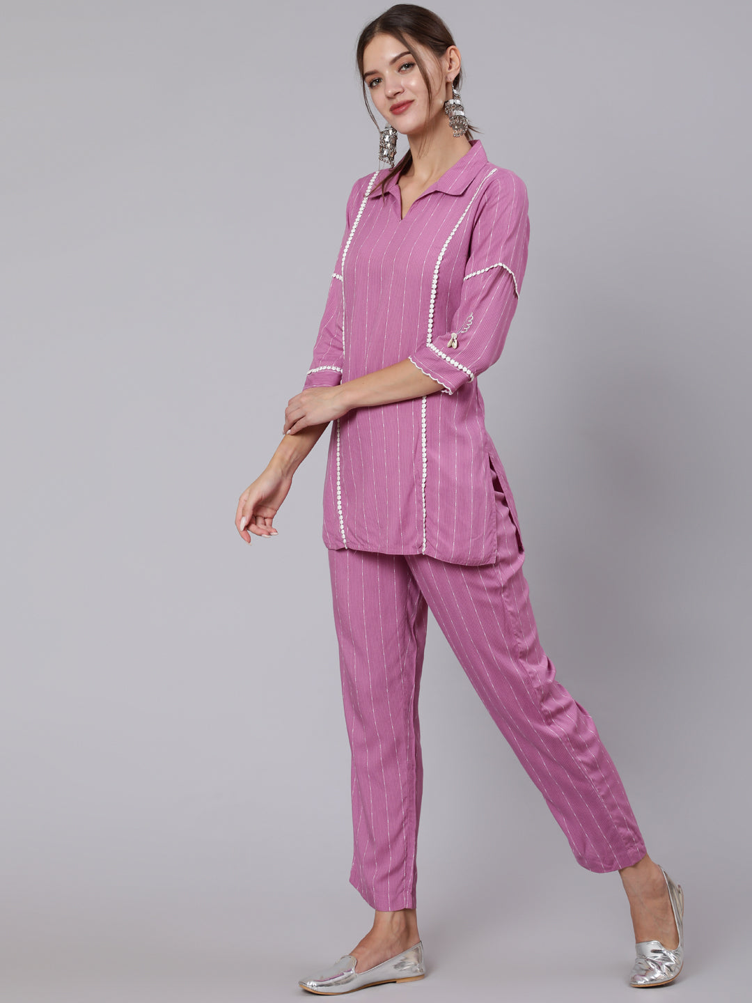 Magenta Self Weave Rayon Co-Ord Set Has Embroidred Top And Trouser