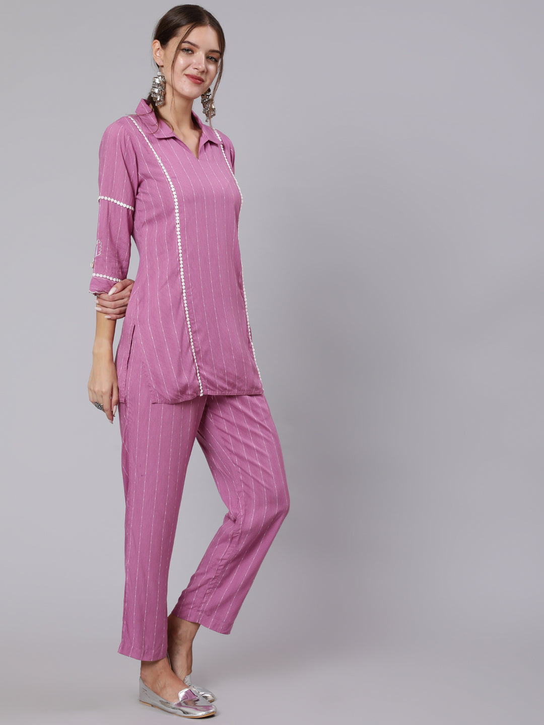 Magenta Self Weave Rayon Co-Ord Set Has Embroidred Top And Trouser