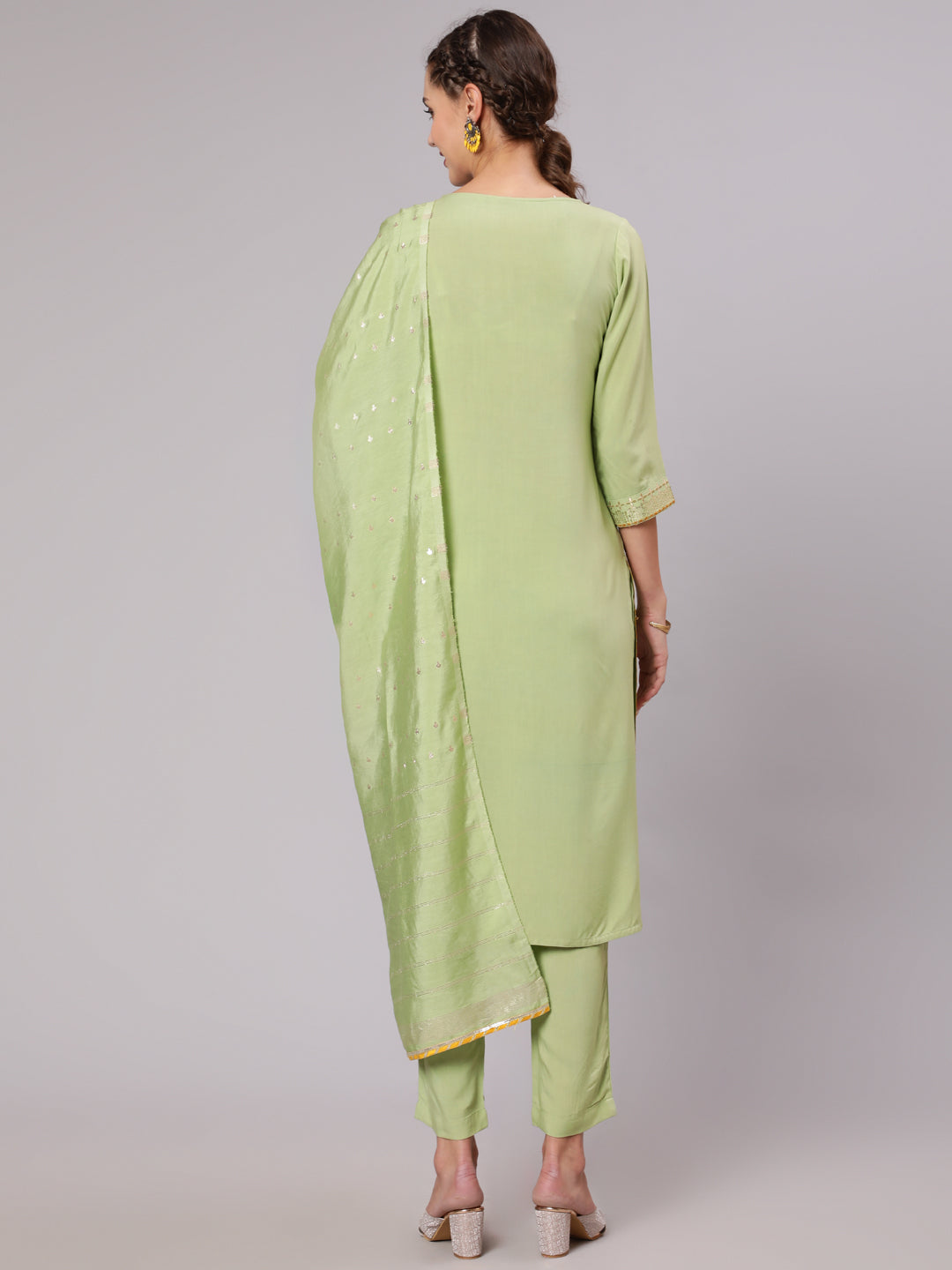 Embroidered Green Kurta With Pants And Chanderi Dupatta