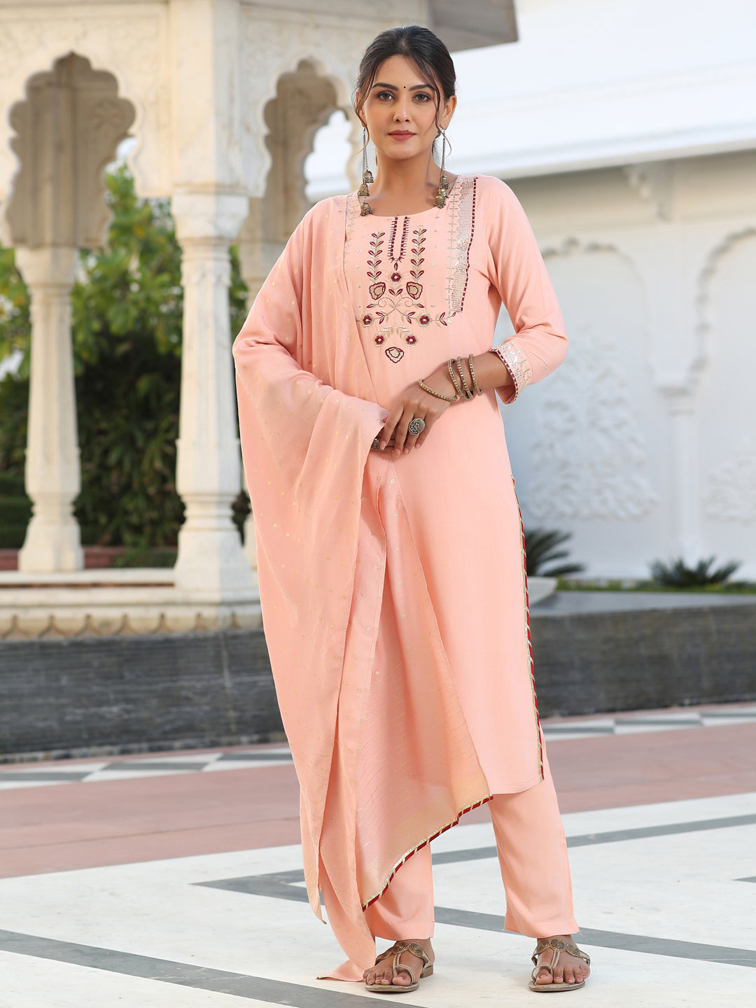 Embroidered Peach Kurta With Pants And Chanderi Dupatta