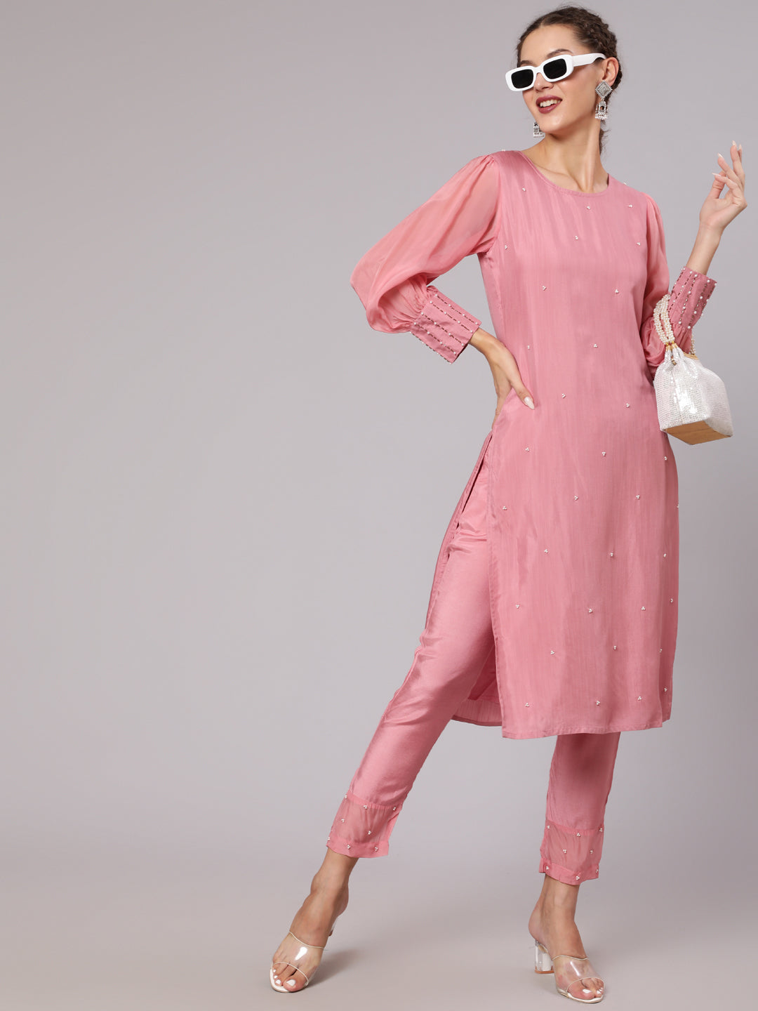 Pink Silk Fabric Pearl Embellished Puffed Sleeves Kurta With Pants