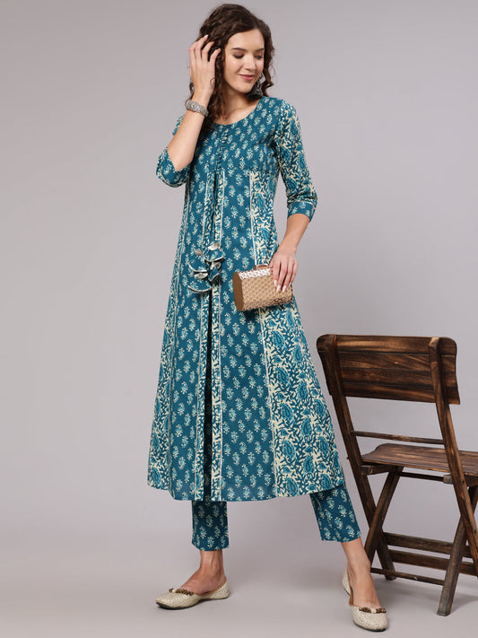 Blue Cotton Printed Embellished A-Line Flared Kali Kurta With Pants