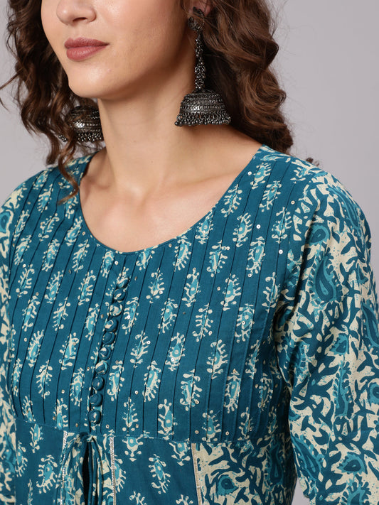 Blue Cotton Printed Embellished A-Line Flared Kali Kurta With Pants