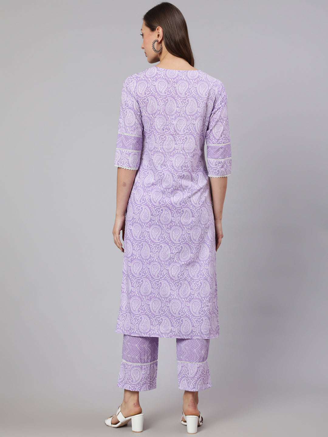 Lavender Ethnic Paisley Printed Cotton Kurta With Pants