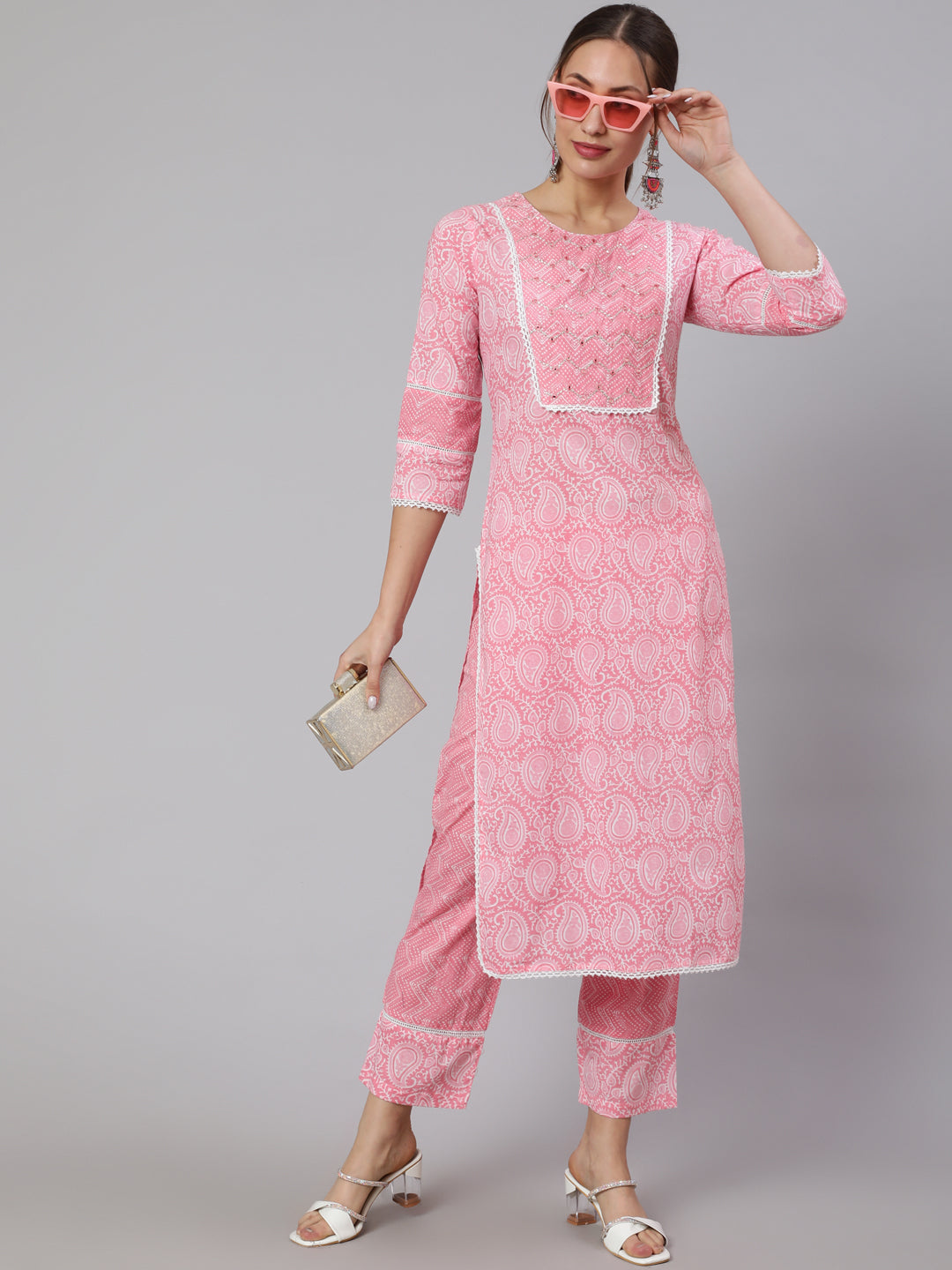 Pink Ethnic Paisley Printed Cotton Kurta With Pants