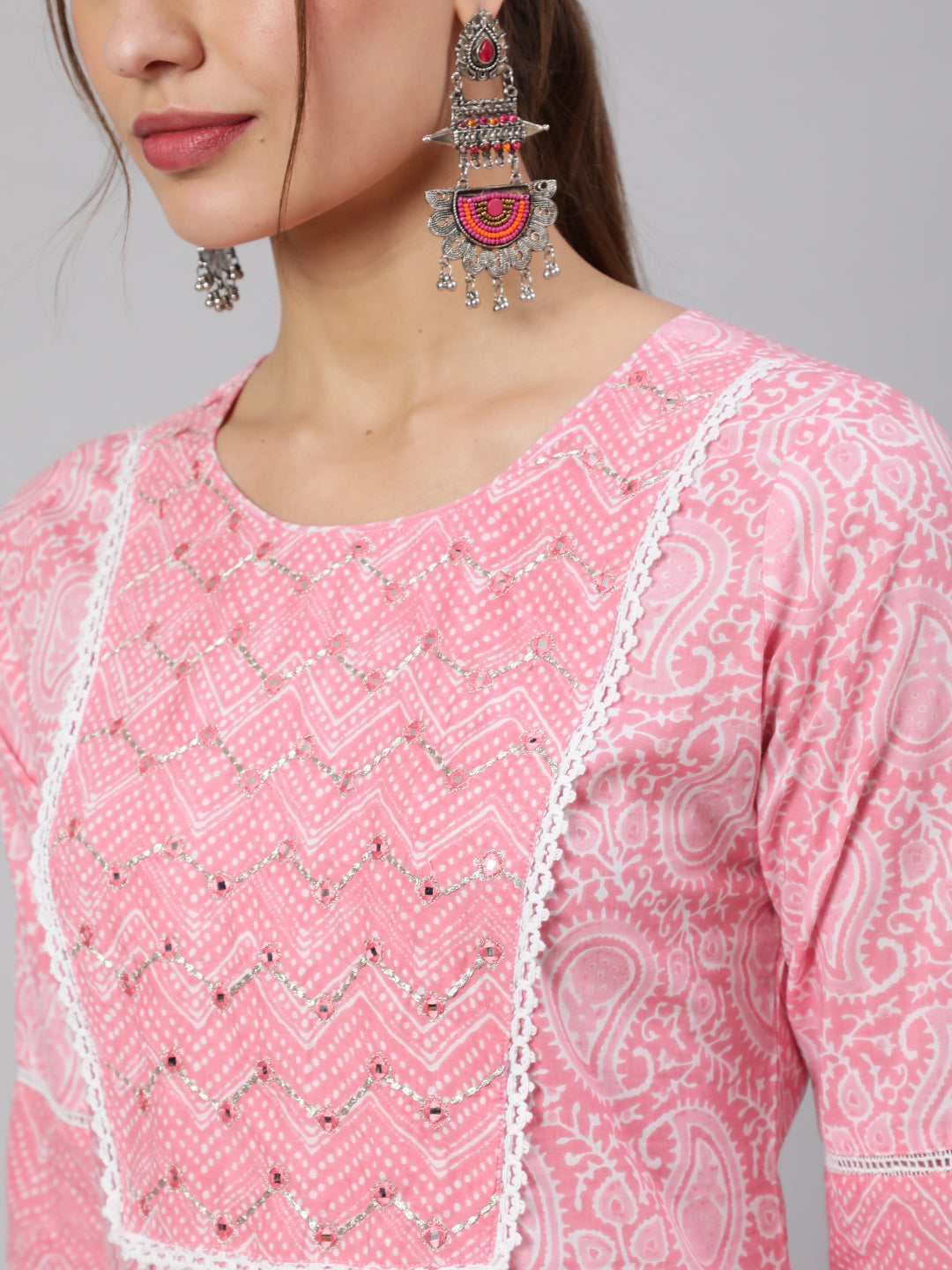 Pink Ethnic Paisley Printed Cotton Kurta With Pants