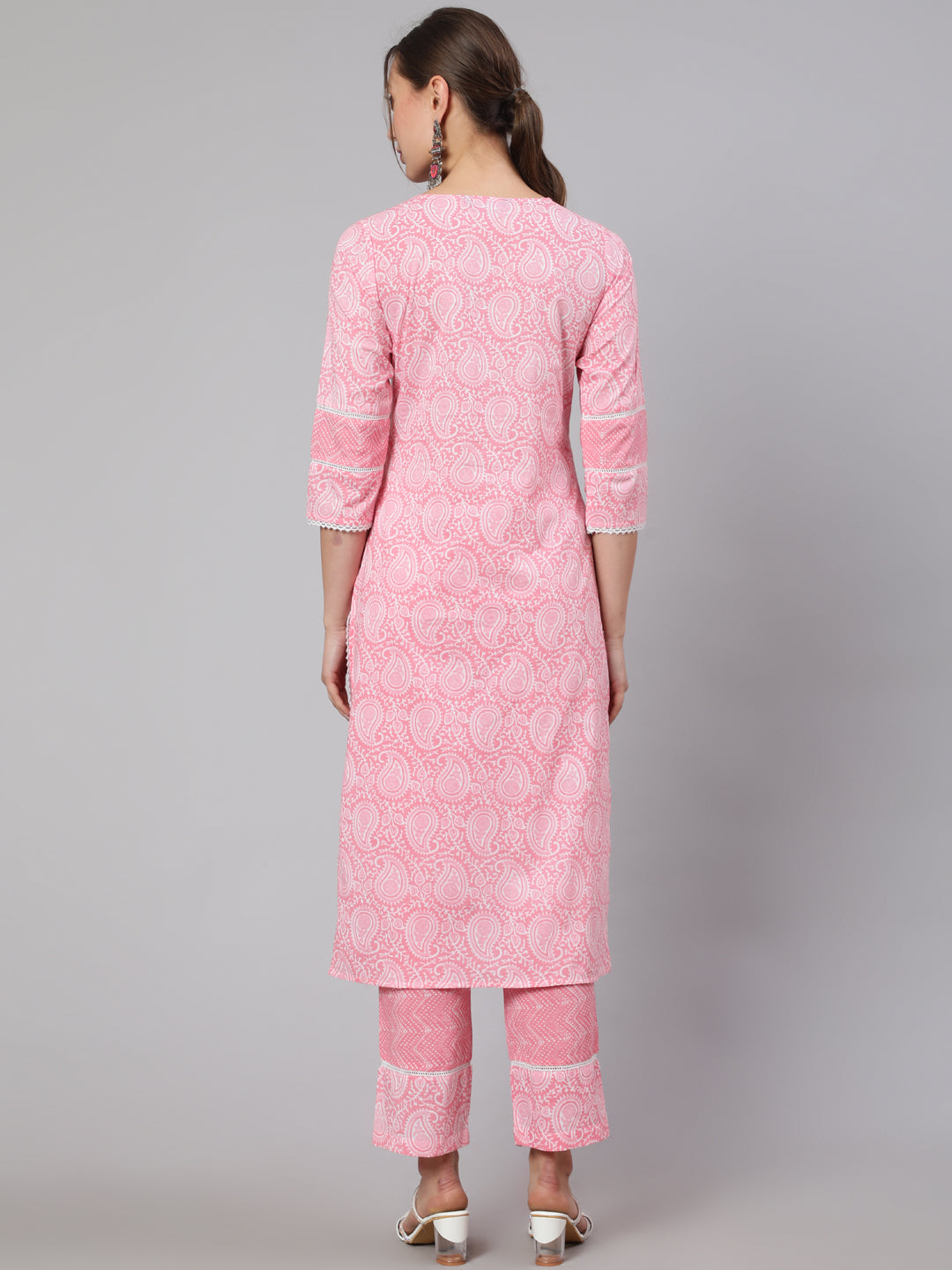 Pink Ethnic Paisley Printed Cotton Kurta With Pants