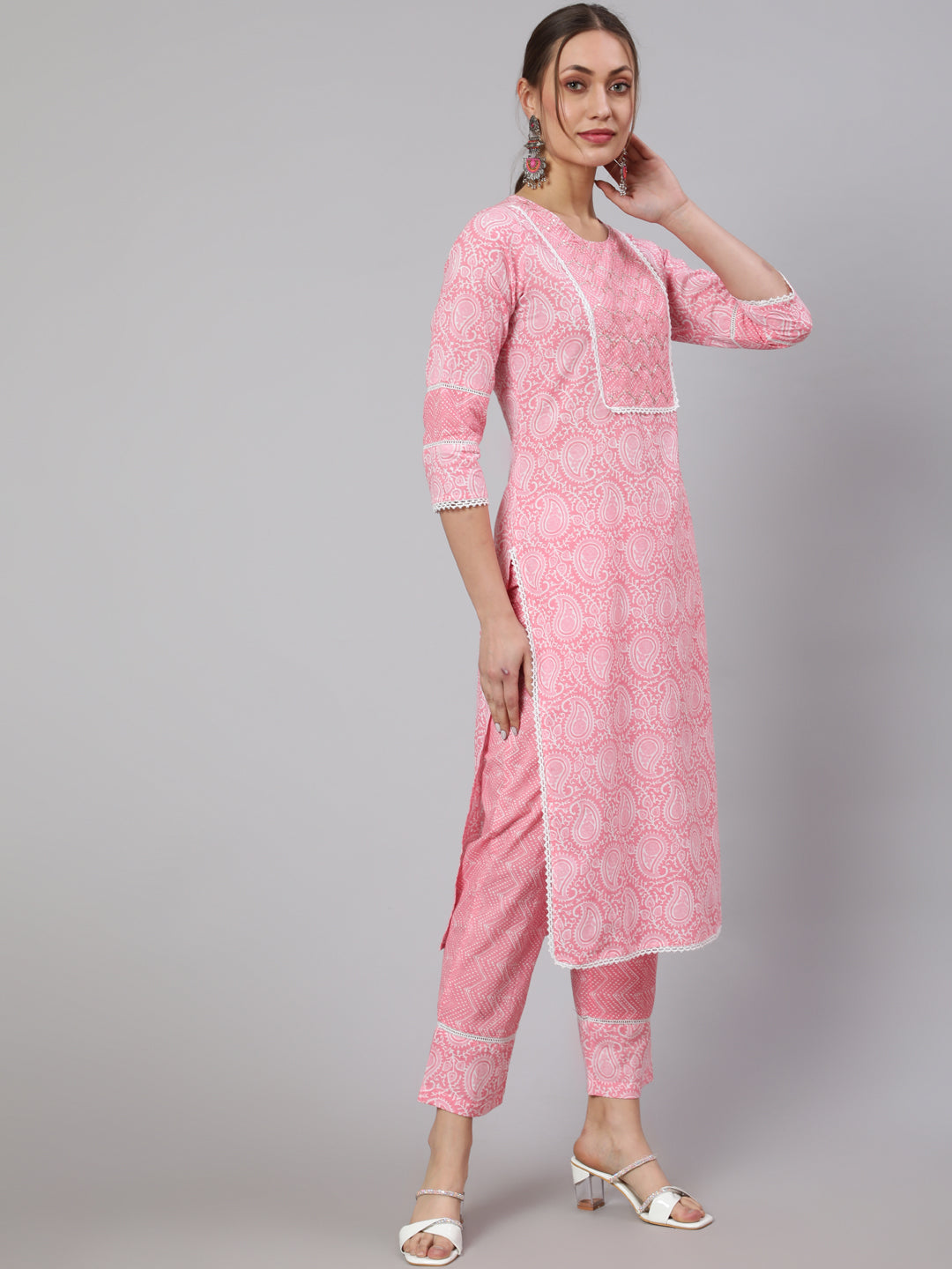 Pink Ethnic Paisley Printed Cotton Kurta With Pants