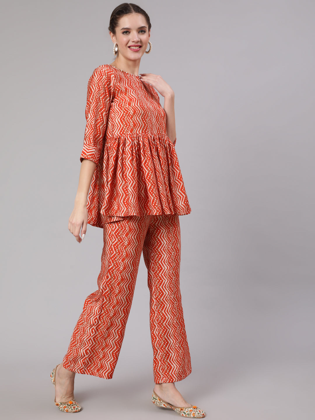 Orange Zigzag Printed Muslin Gathered Top With Printed Palazzo