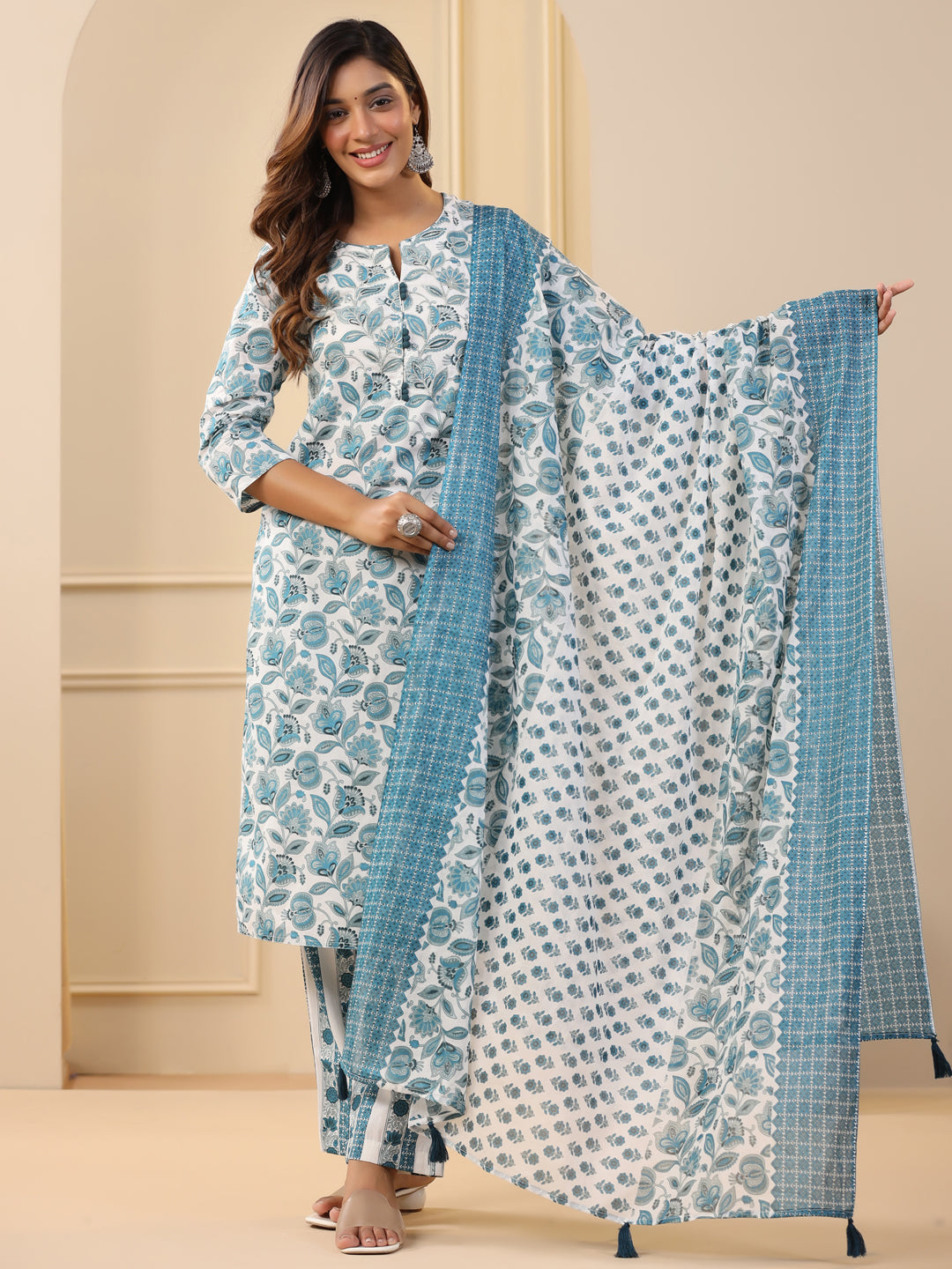 Blue Ethnic Floral Printed Embroidered Kurta With Printed Pants And Printed Dupatta