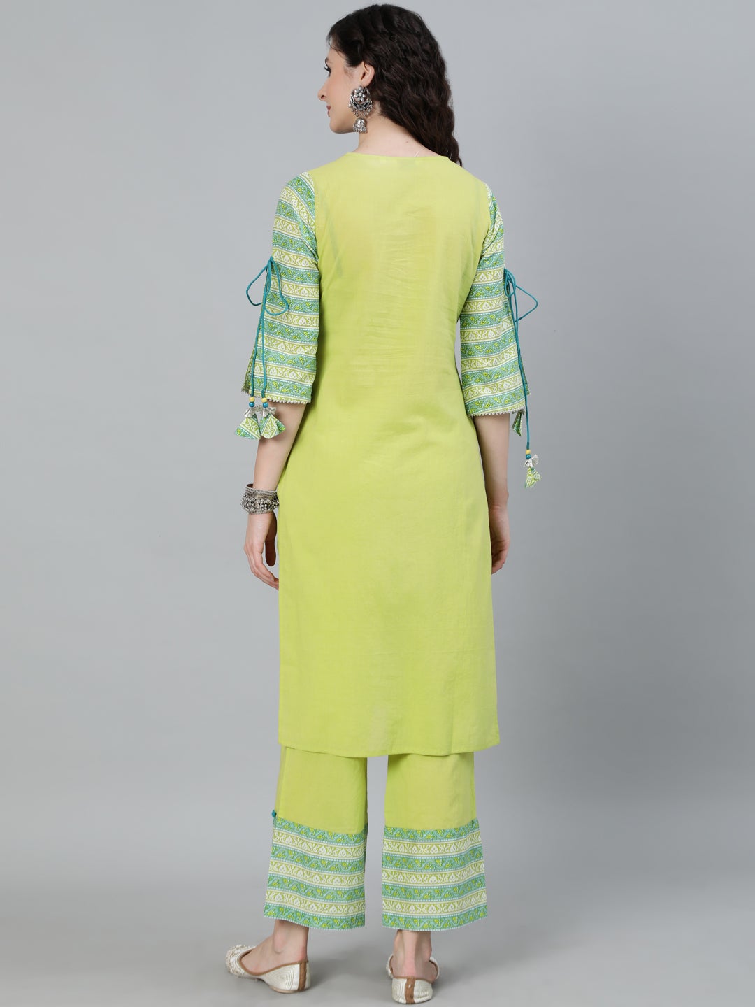 Green Ethnic Motifs Yoke Design Pure Cotton Kurta with Trousers