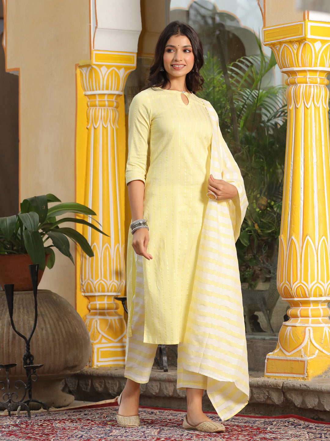 Yellow Stripes Straight Cotton Blend Kurta Palazzo With Dupatta Set
