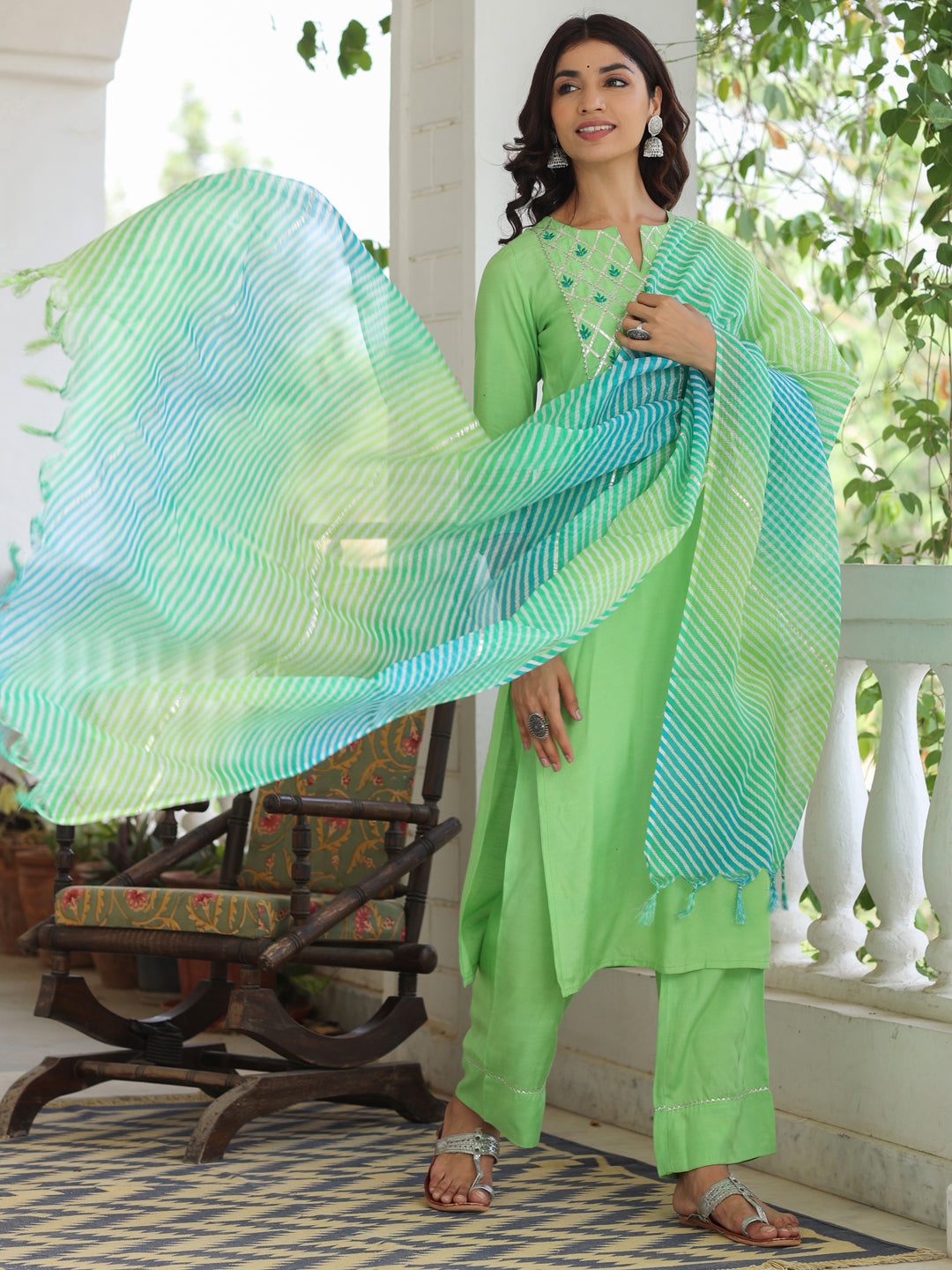 Lime Green Embroidered Rayon Kurta With Palazzo And Kota Tissue Dupatta