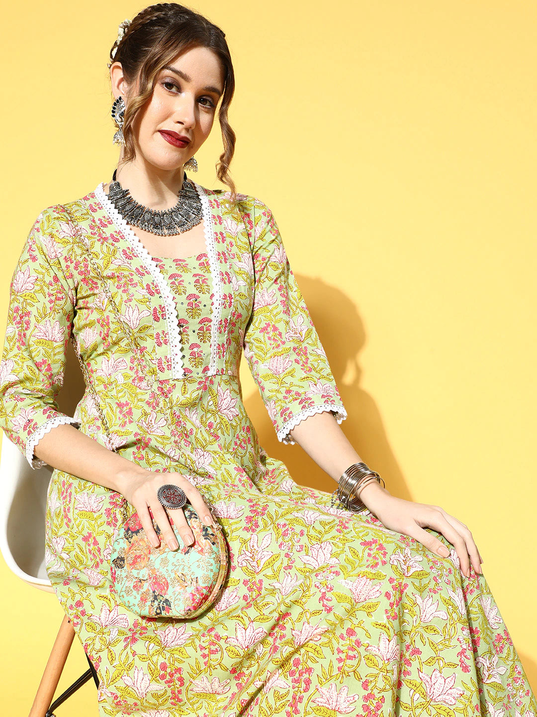 Women Green Cotton Printed Embellished Anarkali Kurta With Palazzo