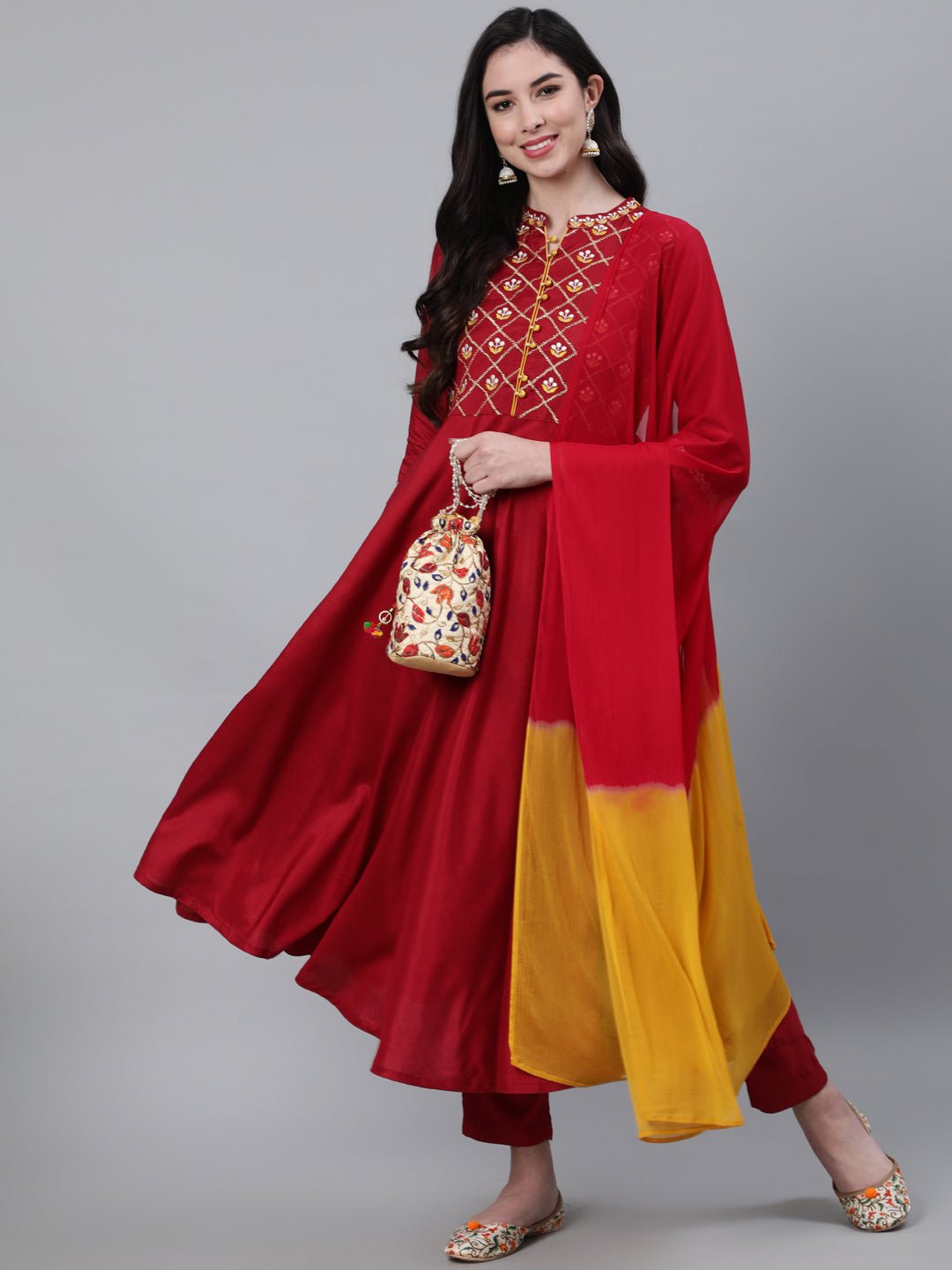 Maroon Embroired Flared Kurta With Palazzo And Chiffon Dupatta