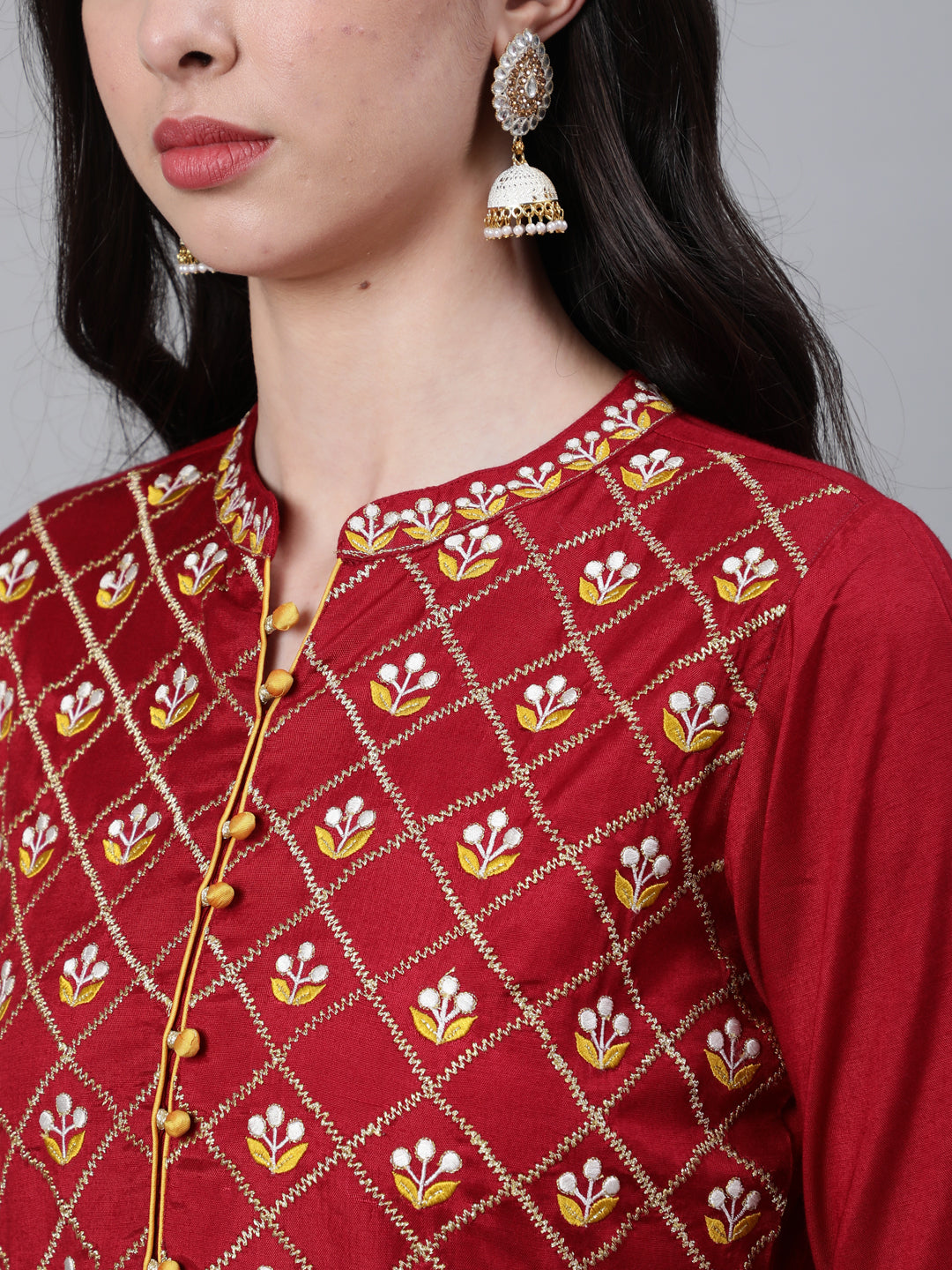 Maroon Embroired Flared Kurta With Palazzo And Chiffon Dupatta